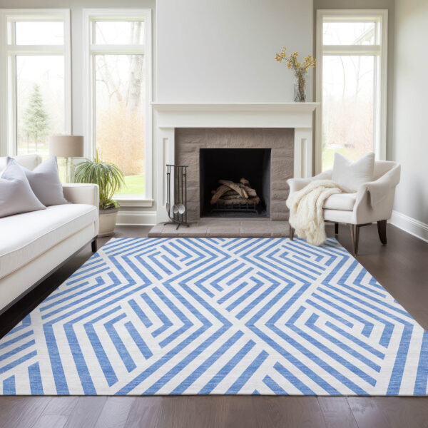 9' X 12' Blue and Ivory Geometric Washable Non Skid Indoor Outdoor Area Rug
