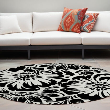 8' Round Black and Ivory Round Floral Washable Non Skid Indoor Outdoor Area Rug