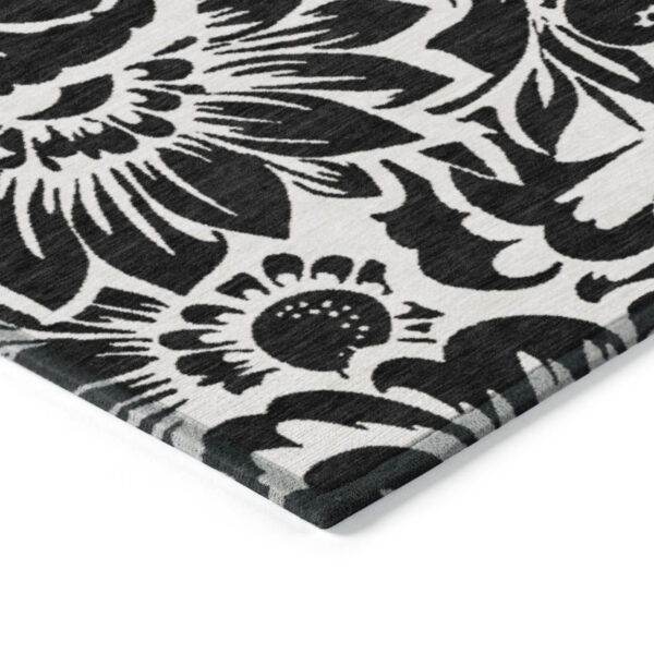8' Round Black and Ivory Round Floral Washable Non Skid Indoor Outdoor Area Rug