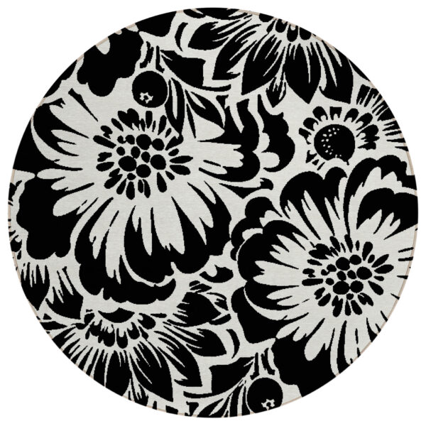 8' Round Black and Ivory Round Floral Washable Non Skid Indoor Outdoor Area Rug