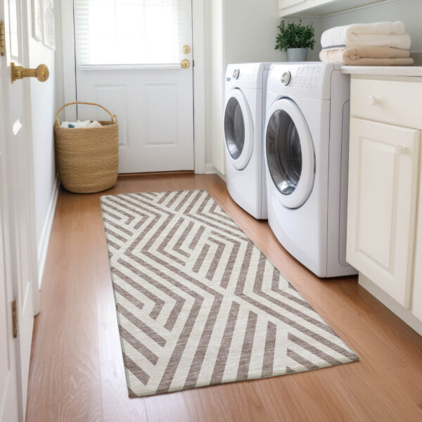 8' Runner Taupe and Ivory Geometric Washable Non Skid Indoor Outdoor Runner Rug