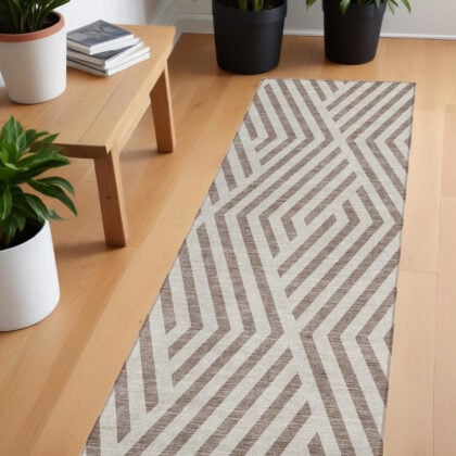 8' Runner Taupe and Ivory Geometric Washable Non Skid Indoor Outdoor Runner Rug