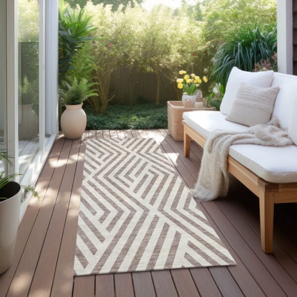 8' Runner Taupe and Ivory Geometric Washable Non Skid Indoor Outdoor Runner Rug