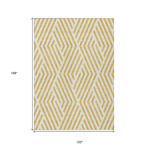 10' X 14' Gold and White Geometric Washable Non Skid Indoor Outdoor Area Rug