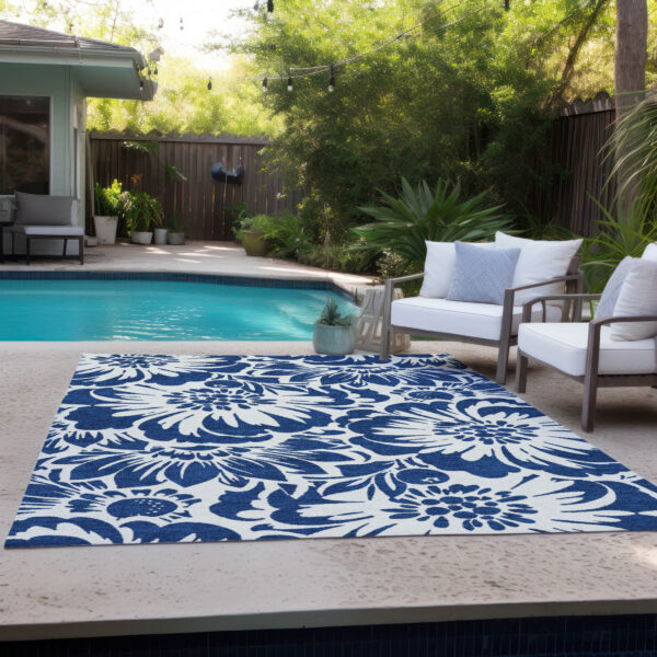 5' X 8' Navy and Ivory Floral Washable Non Skid Indoor Outdoor Area Rug
