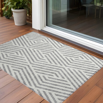 3' X 5' Gray and Ivory Geometric Washable Non Skid Indoor Outdoor Area Rug