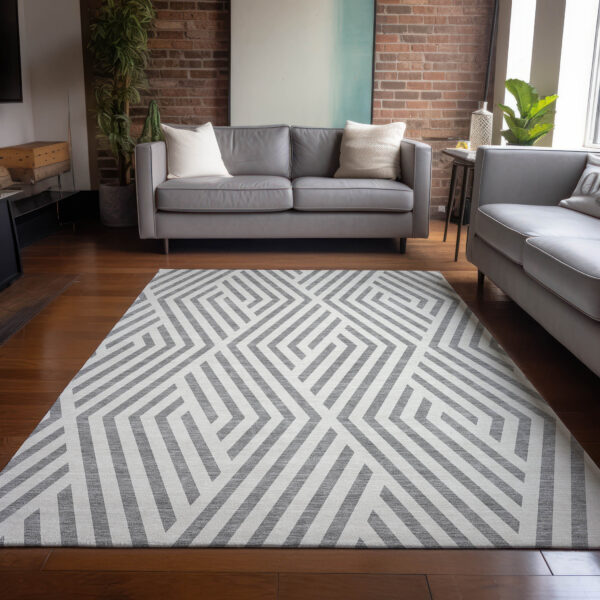 3' X 5' Gray and Ivory Geometric Washable Non Skid Indoor Outdoor Area Rug