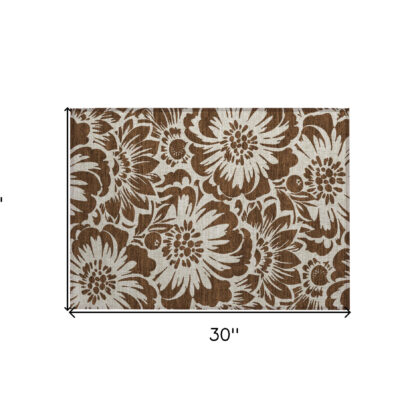 2' X 3' Brown and Ivory Floral Washable Non Skid Indoor Outdoor Area Rug
