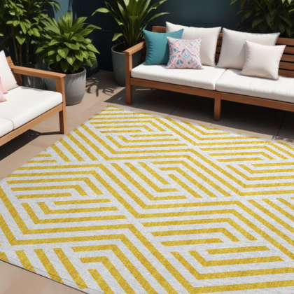 8' X 10' Gold and White Geometric Washable Non Skid Indoor Outdoor Area Rug
