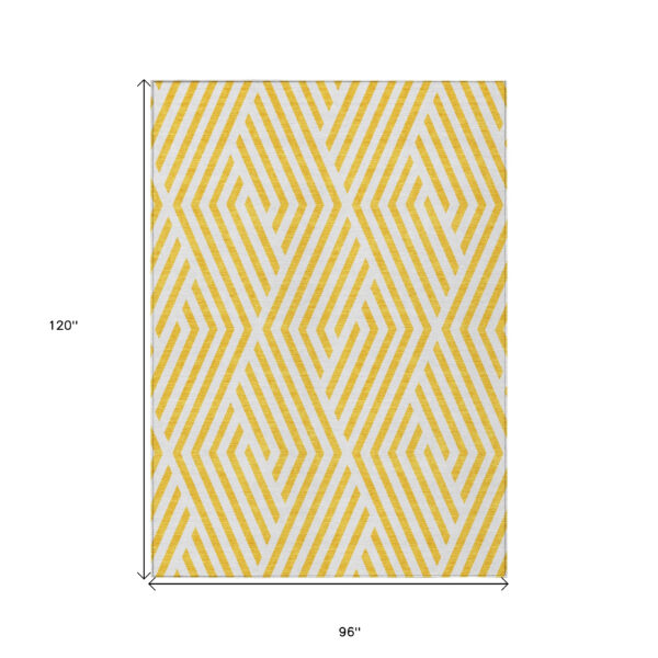 8' X 10' Gold and White Geometric Washable Non Skid Indoor Outdoor Area Rug