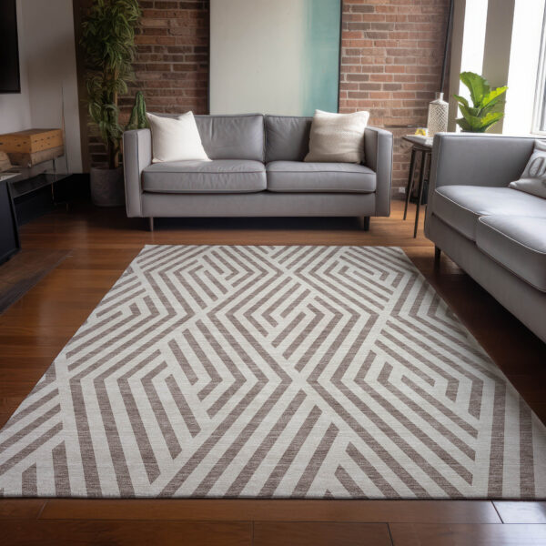8' X 10' Taupe and Ivory Geometric Washable Non Skid Indoor Outdoor Area Rug