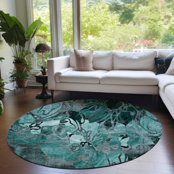 8' X 8' Teal Black and Gray Round Abstract Washable Indoor Outdoor Area Rug