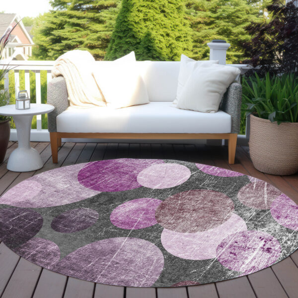 8' X 8' Gray and Purple Round Abstract Washable Non Skid Indoor Outdoor Area Rug