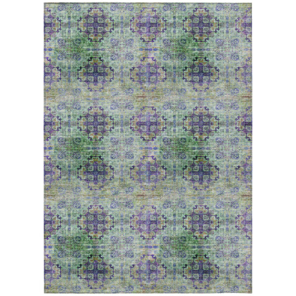 3' X 5' Purple and Green Floral Medallion Washable Non Skid Indoor Outdoor Area Rug