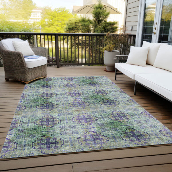 3' X 5' Purple and Green Floral Medallion Washable Non Skid Indoor Outdoor Area Rug