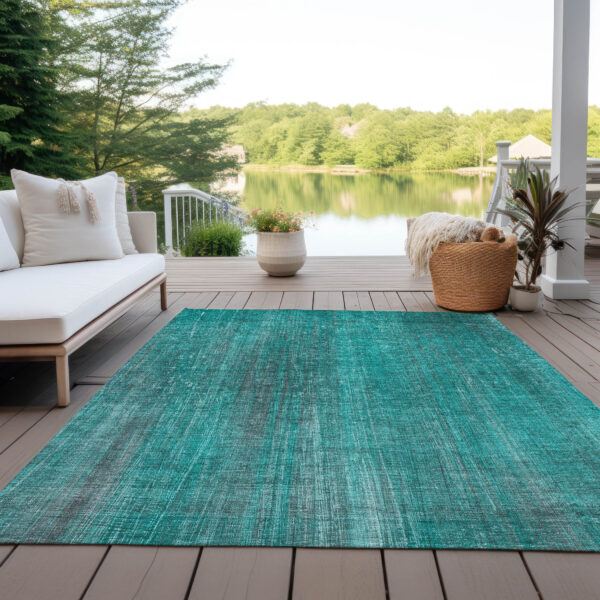 9' X 12' Teal Striped Washable Non Skid Indoor Outdoor Area Rug