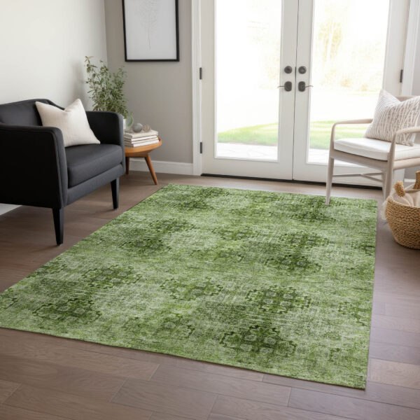 3' X 5' Olive Green Floral Medallion Washable Non Skid Indoor Outdoor Area Rug