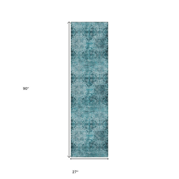 2' X 8' Teal Floral Medallion Washable Non Skid Indoor Outdoor Runner Rug