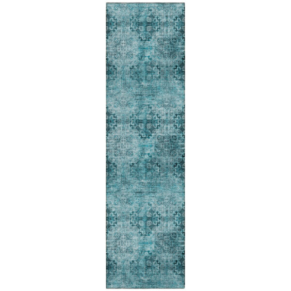 2' X 8' Teal Floral Medallion Washable Non Skid Indoor Outdoor Runner Rug