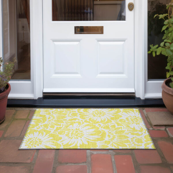 2' X 3' Yellow and Ivory Floral Washable Non Skid Indoor Outdoor Area Rug