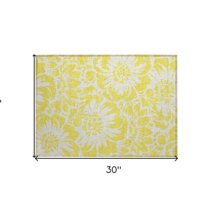 2' X 3' Yellow and Ivory Floral Washable Non Skid Indoor Outdoor Area Rug