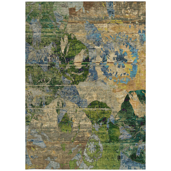 10' X 14' Taupe Blue and Green Floral Washable Non Skid Indoor Outdoor Area Rug