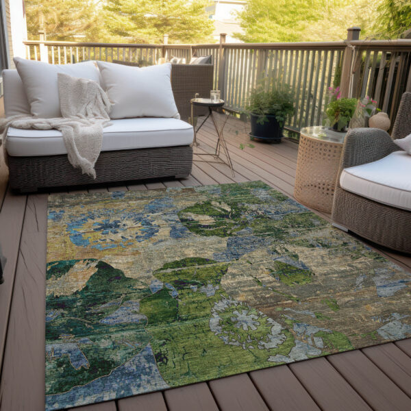 10' X 14' Taupe Blue and Green Floral Washable Non Skid Indoor Outdoor Area Rug