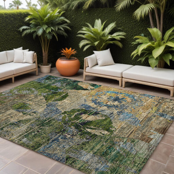 10' X 14' Taupe Blue and Green Floral Washable Non Skid Indoor Outdoor Area Rug