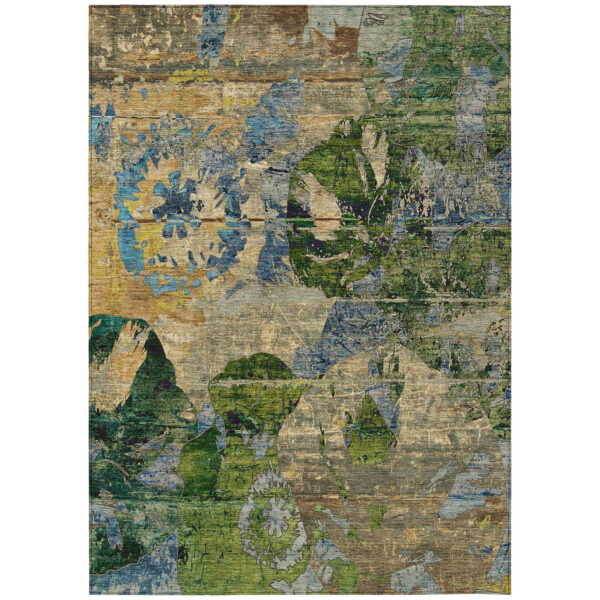 10' X 14' Taupe Blue and Green Floral Washable Non Skid Indoor Outdoor Area Rug