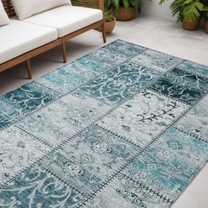5' X 8' Teal Patchwork Washable Non Skid Indoor Outdoor Area Rug