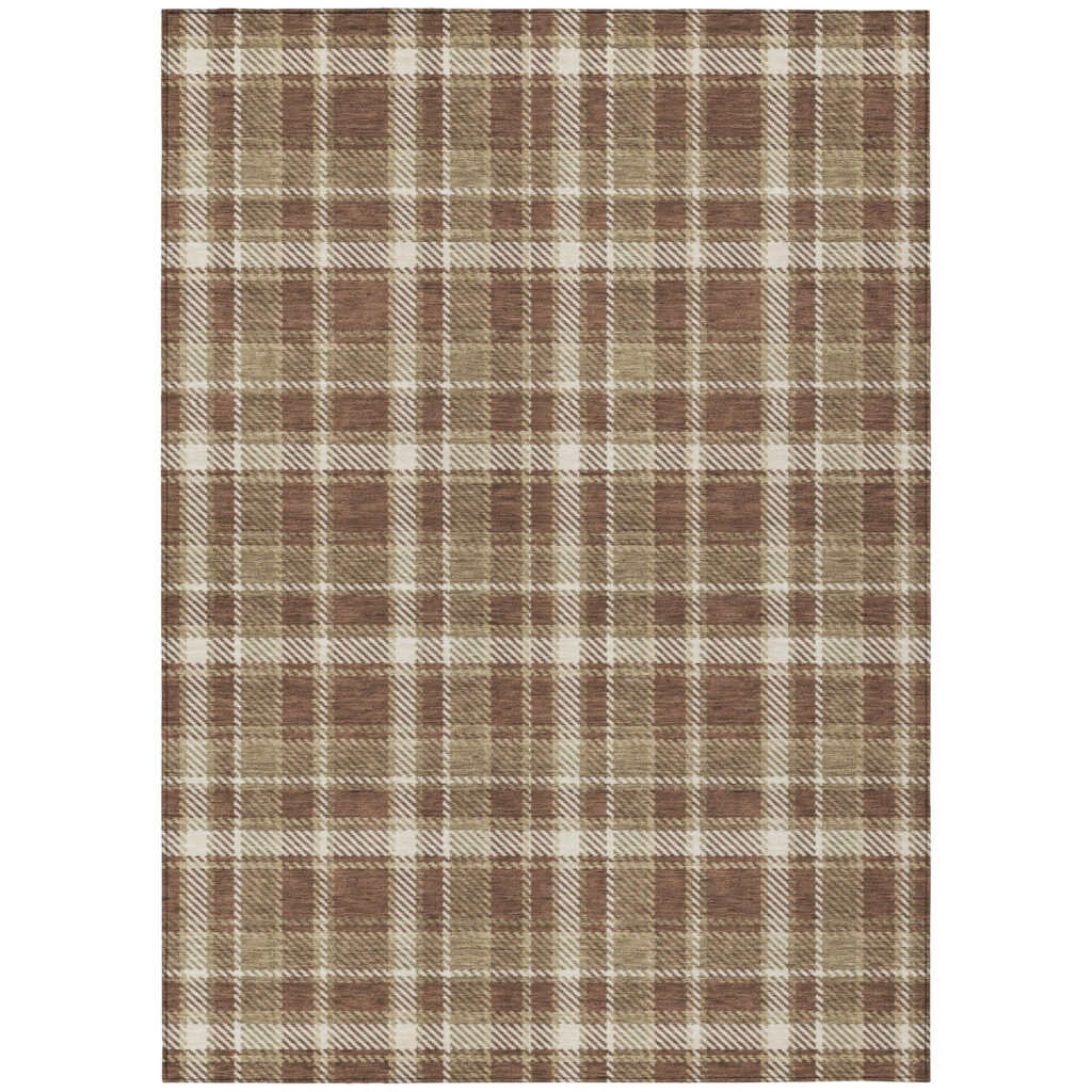 5' X 8' Chocolate and Ivory Plaid Washable Non Skid Indoor Outdoor Area Rug