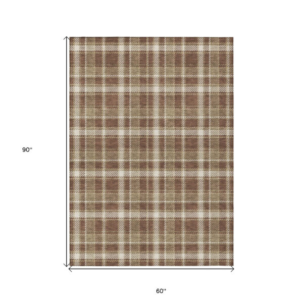 5' X 8' Chocolate and Ivory Plaid Washable Non Skid Indoor Outdoor Area Rug