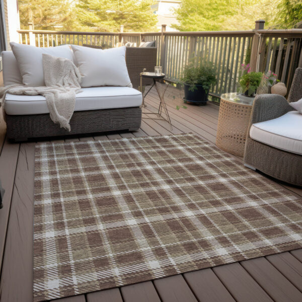 5' X 8' Chocolate and Ivory Plaid Washable Non Skid Indoor Outdoor Area Rug