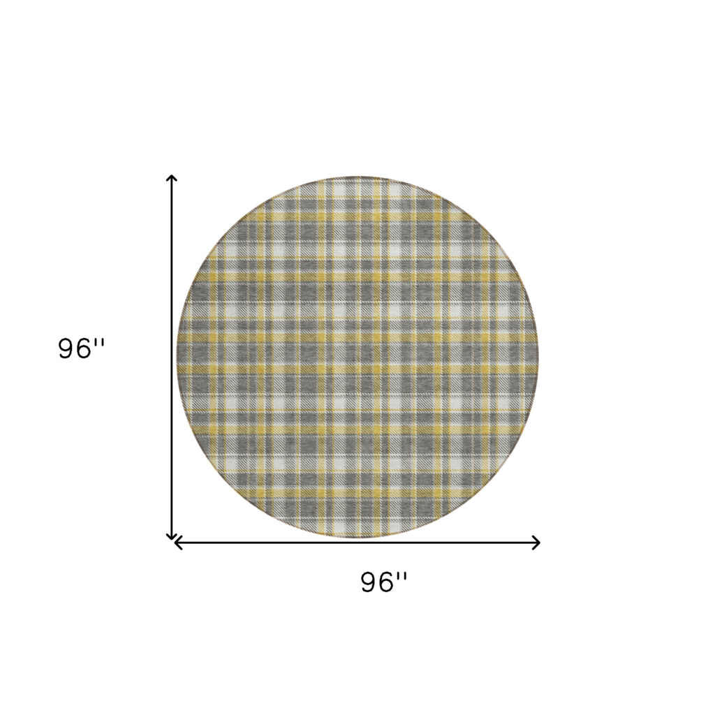 8' Round Gray Yellow and White Round Plaid Washable Non Skid Indoor Outdoor Area Rug