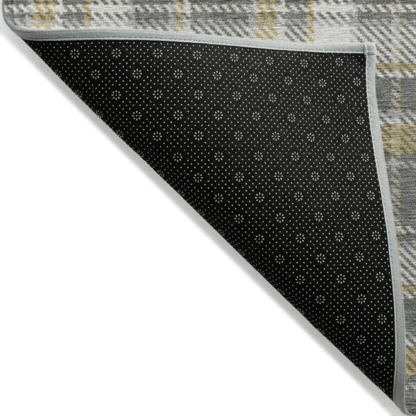 8' Round Gray Yellow and White Round Plaid Washable Non Skid Indoor Outdoor Area Rug