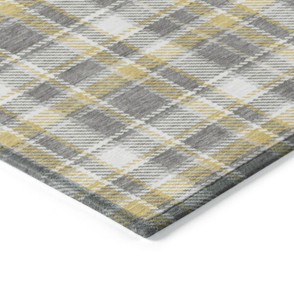 8' Round Gray Yellow and White Round Plaid Washable Non Skid Indoor Outdoor Area Rug