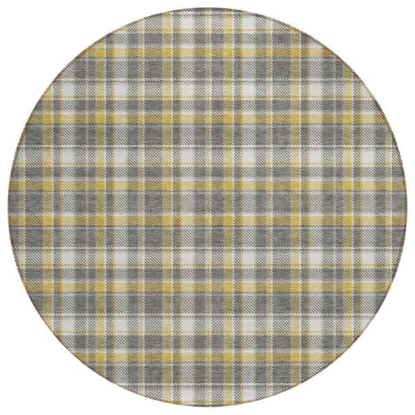 8' Round Gray Yellow and White Round Plaid Washable Non Skid Indoor Outdoor Area Rug