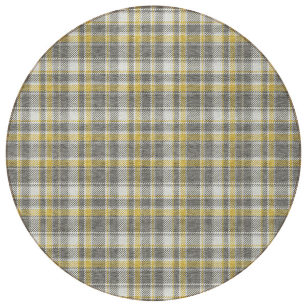 8' Round Gray Yellow and White Round Plaid Washable Non Skid Indoor Outdoor Area Rug