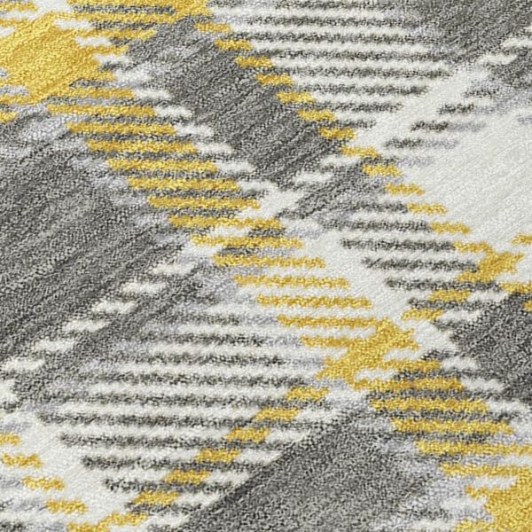 8' Round Gray Yellow and White Round Plaid Washable Non Skid Indoor Outdoor Area Rug