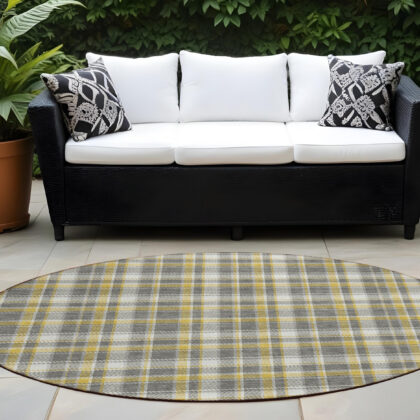 8' Round Gray Yellow and White Round Plaid Washable Non Skid Indoor Outdoor Area Rug