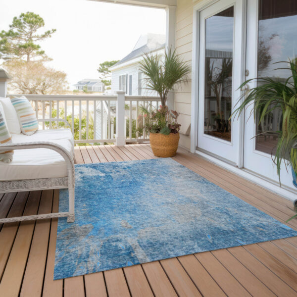 9' X 12' Blue and Gray Abstract Washable Non Skid Indoor Outdoor Area Rug