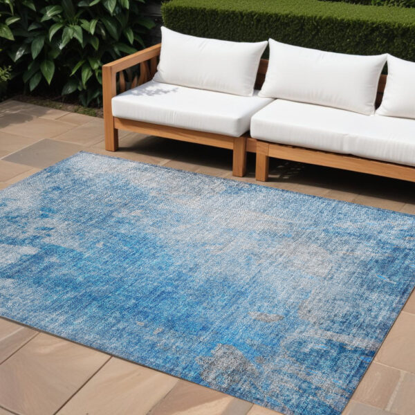 9' X 12' Blue and Gray Abstract Washable Non Skid Indoor Outdoor Area Rug