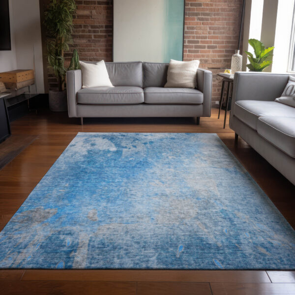 9' X 12' Blue and Gray Abstract Washable Non Skid Indoor Outdoor Area Rug