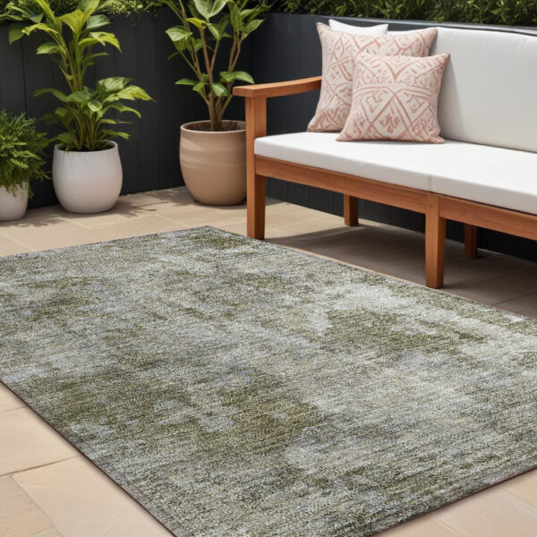 10' X 14' Green Abstract Washable Non Skid Indoor Outdoor Area Rug
