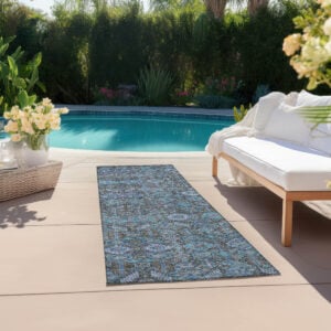 8' Runner Blue and Coffee Floral Washable Non Skid Indoor Outdoor Runner Rug