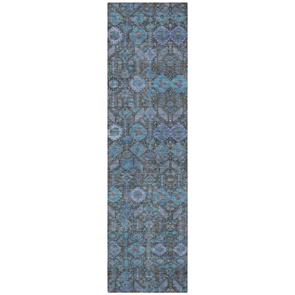 8' Runner Blue and Coffee Floral Washable Non Skid Indoor Outdoor Runner Rug