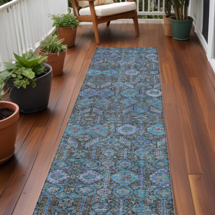 8' Runner Blue and Coffee Floral Washable Non Skid Indoor Outdoor Runner Rug
