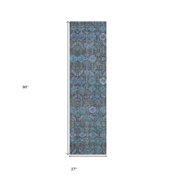 8' Runner Blue and Coffee Floral Washable Non Skid Indoor Outdoor Runner Rug