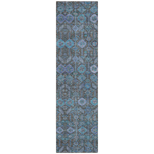 8' Runner Blue and Coffee Floral Washable Non Skid Indoor Outdoor Runner Rug