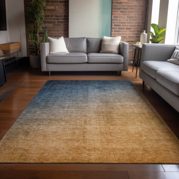 9' X 12' Denim and Gold Ombre Washable Non Skid Indoor Outdoor Area Rug